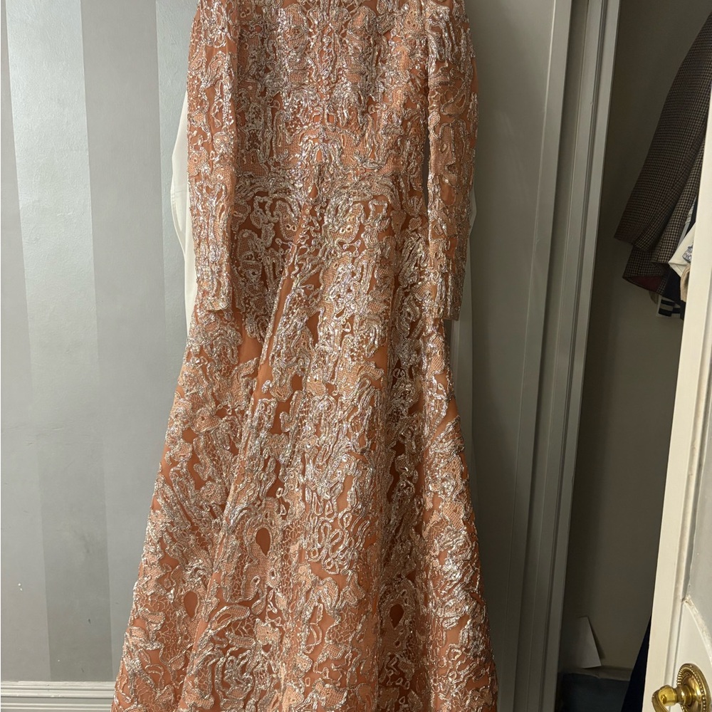 Peach Lace Embroidered Long-Sleeve Wedding Gown
